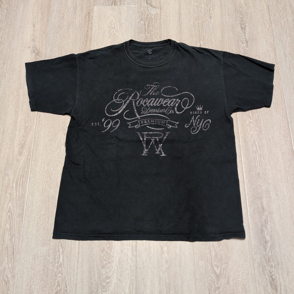 Vintage Rocawear T-Shirt Mens XL‎ Black Kings of NYC Est 99 Logo Tee Distressed